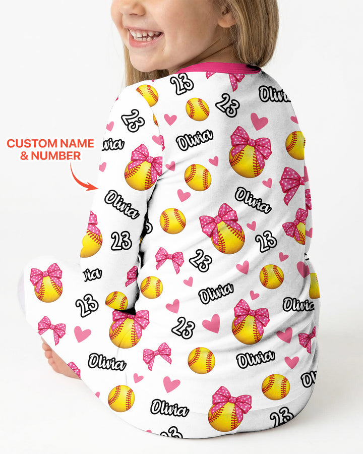Coquette Ball Custom Name And Number Bamboo Two Piece Long Sleeve Pajama Set