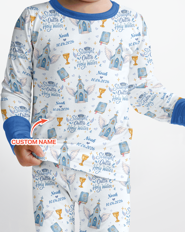 Custom Name Baptism Christening Straight Outta Holy Water Bamboo Two Piece Long Sleeve Pajama Set