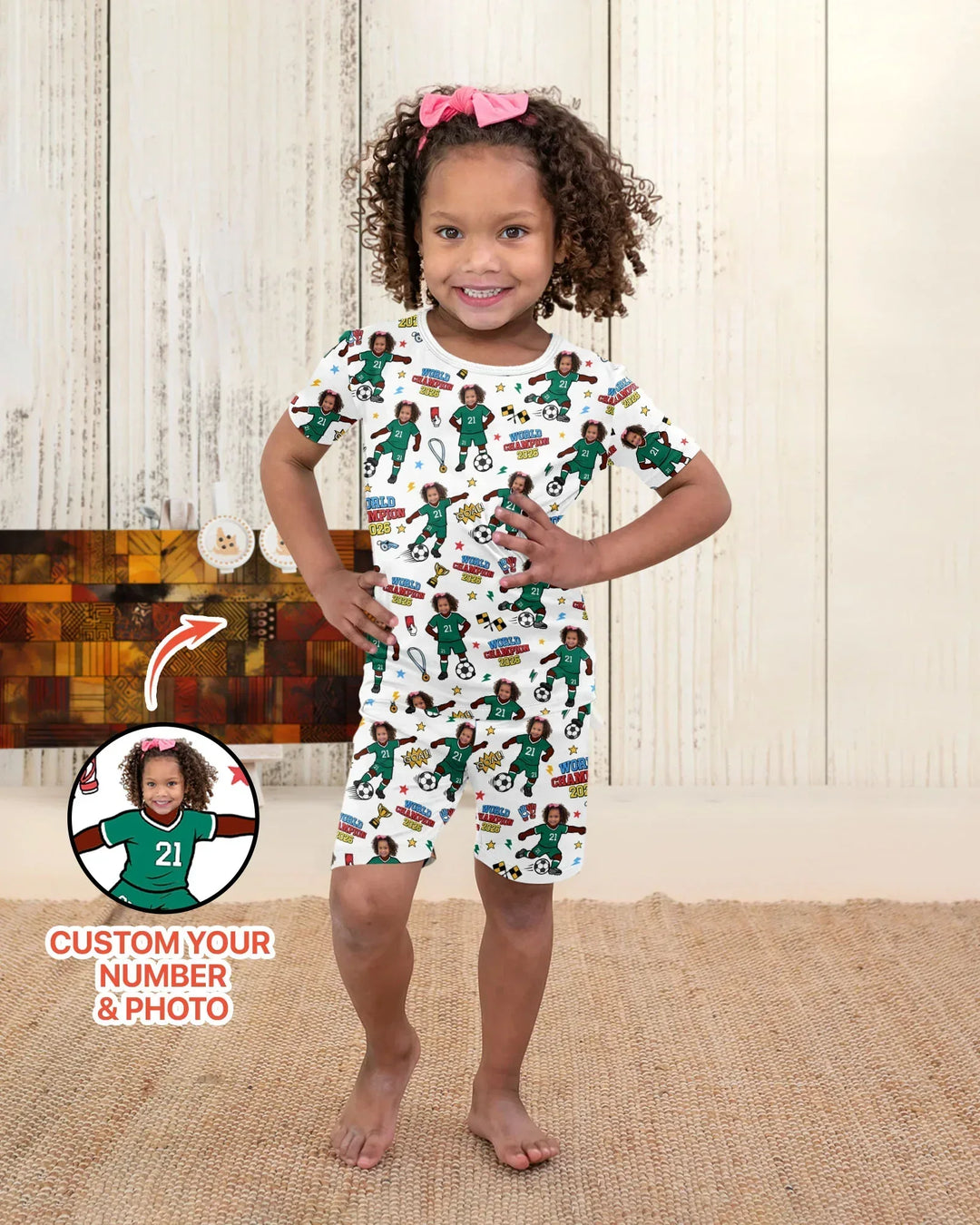 Custom Photo World Champion 2026 Family Matching Bamboo Two Piece Short Sleeve Shorts Pajama Set