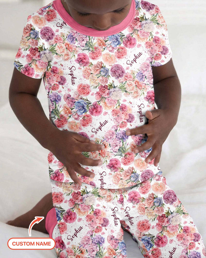 Custom Name Birth Month Flowers Bamboo Two Piece Short Sleeve Pajama Set