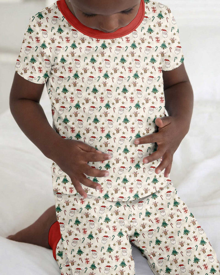 Vintage Santa Christmas Doodles Bamboo Two Piece Short Sleeve Pajama Set