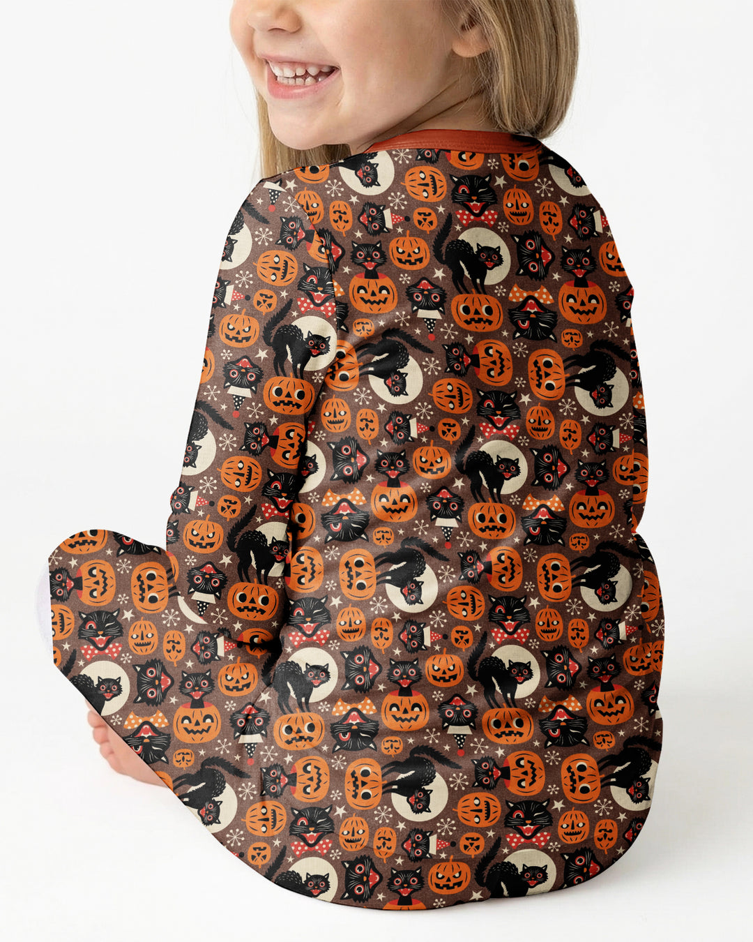 Vintage Halloween Black Cat Pumpkin Bamboo Two Piece Long Sleeve Pajama Set