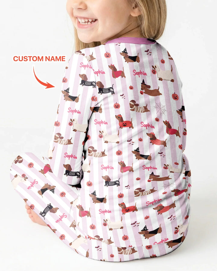 Custom Name Boo Crew Halloween Dachshund  Bamboo Two Piece Long Sleeve Pajama Set