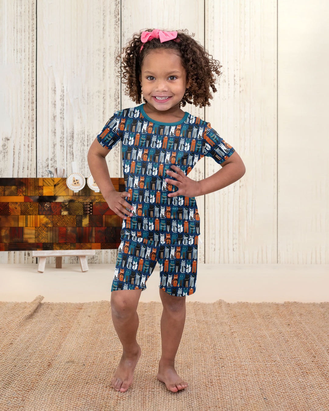 Retro Halloween Cat Bamboo Two Piece Short Sleeve Shorts Pajama Set