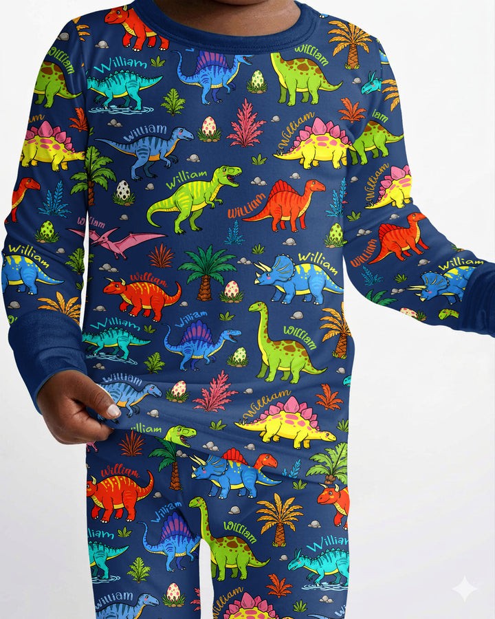Dino Field Guide Custom Name Bamboo Two Piece Long Sleeve Pajama Set