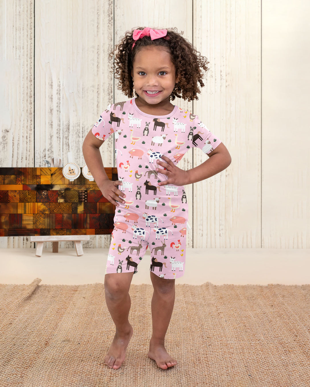 Pink Farm Animals Bamboo Two Piece Short Sleeve Shorts Pyjamas Set