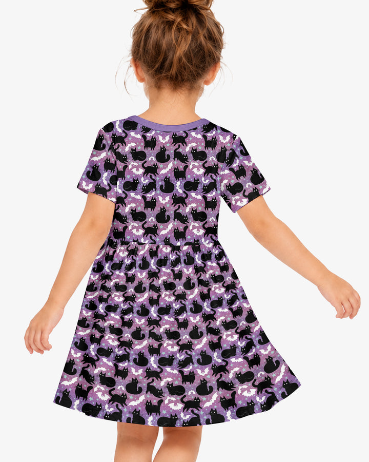 Spooky Black Cat Halloween Purple Bats Bamboo Twirl Dress