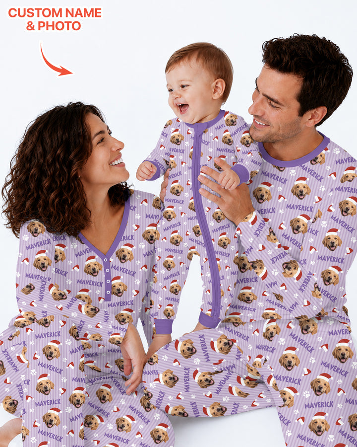 Custom Pet Photo Christmas Paws Stripe Bamboo Men's Pajama Set