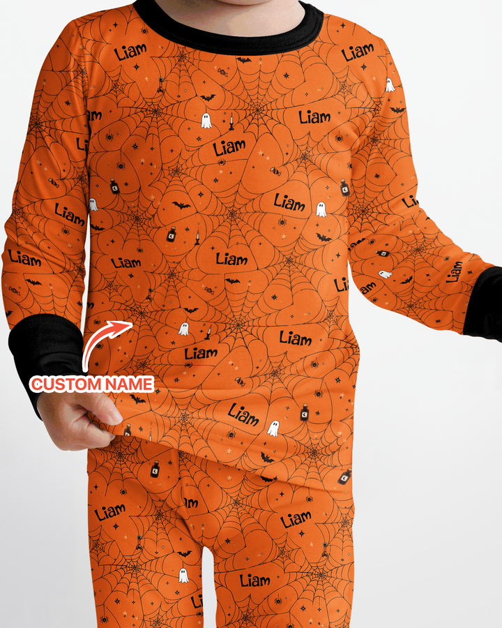 Spooky Spider Web Halloween Custom Name Bamboo Two Piece Long Sleeve Pajama Set