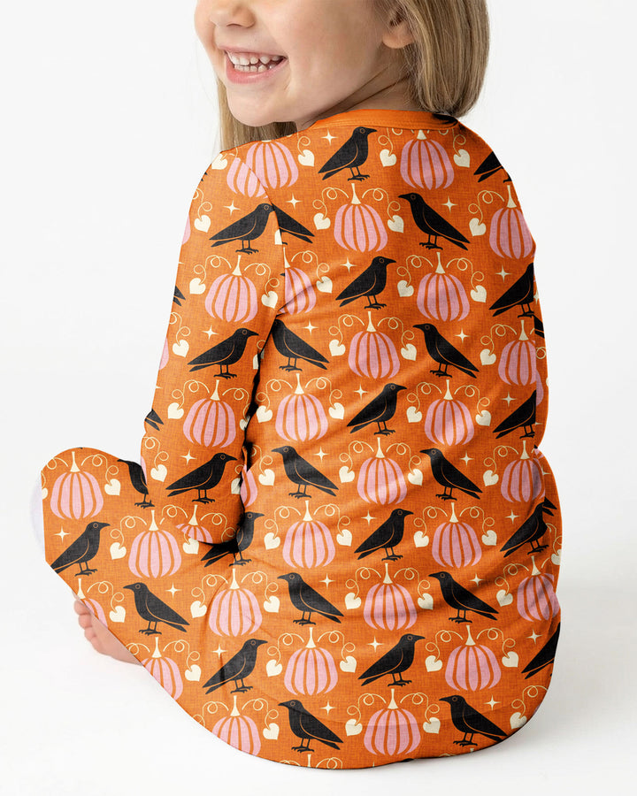 Ravens in a Pumpkin Patch - Orange Pink Bamboo Two Piece Long Sleeve Pajama Set
