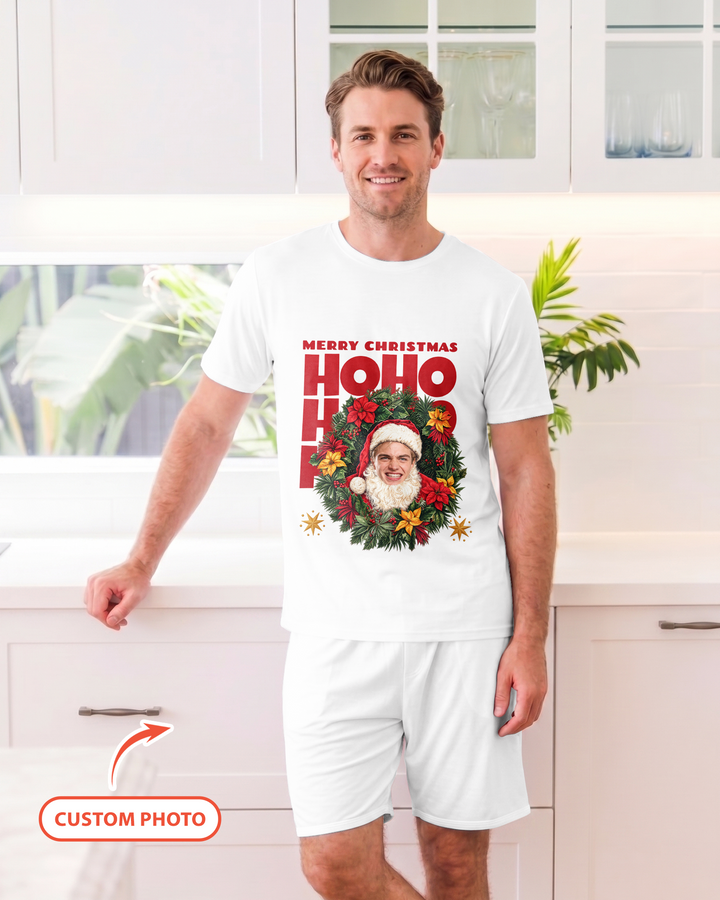 Personalized Photo Christmas Santa Bamboo Men Short Sleeve Short Pajama Set