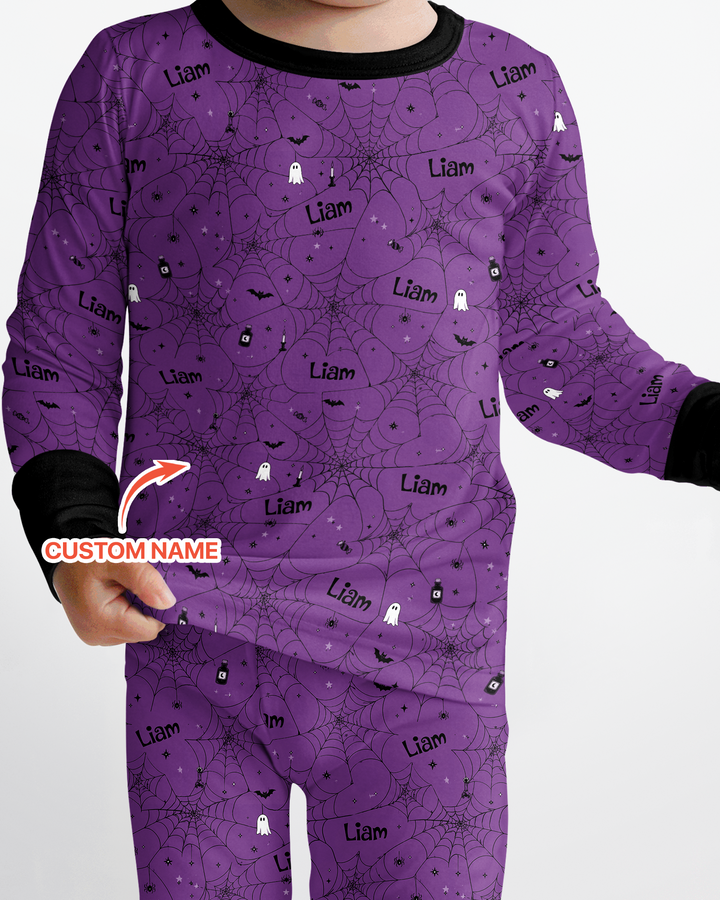 Spooky Spider Web Halloween Custom Name Bamboo Two Piece Long Sleeve Pajama Set