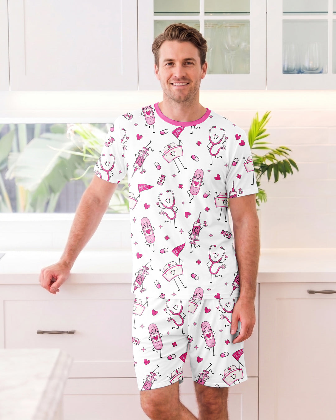 Cute Nurse Crew Bamboo Men Short Sleeve Short Pajama Set