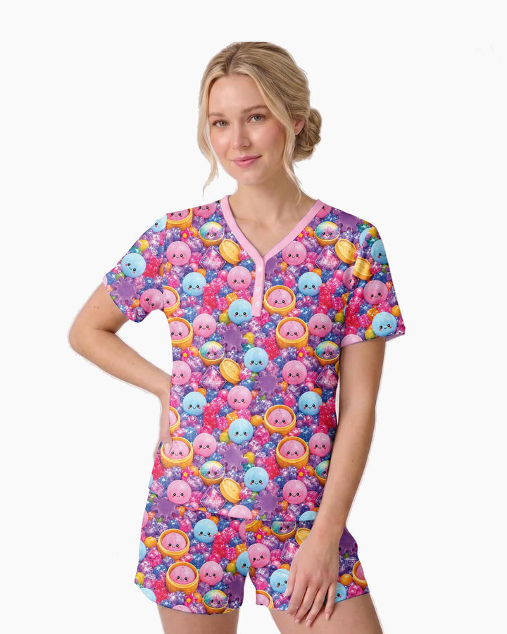 Rainbow Glitter Dumplings Bamboo Women Short Sleeve Short Pajama Set