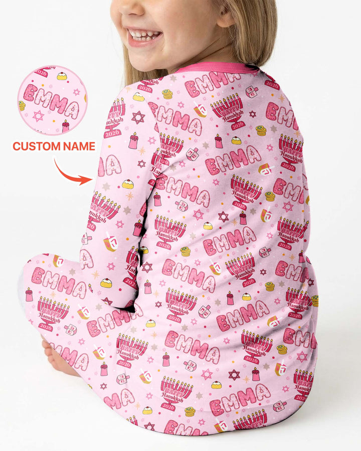 Custom name Happy Hanukkah 2026 Bamboo Two Piece Long Sleeve Pajama Set