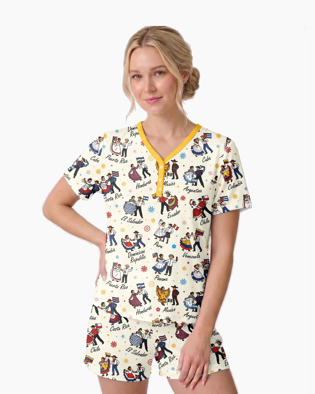 Hispanic Traditional Folkloric Dress Bamboo Women Short Sleeve Short Pajama Set