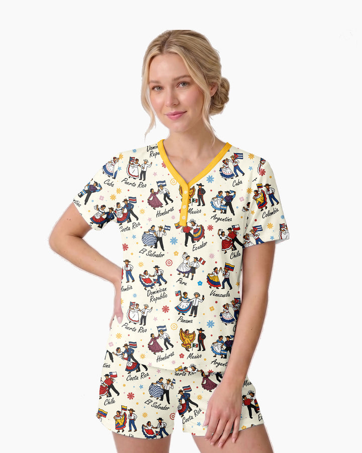 Hispanic Traditional Folkloric Dress Bamboo Women Short Sleeve Short Pajama Set