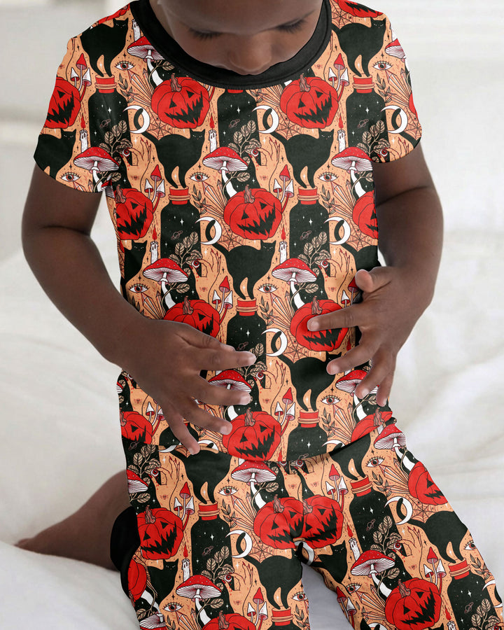 Black Cat And Pumpkin Halloween Bamboo Two Piece Short Sleeve Pajama Set