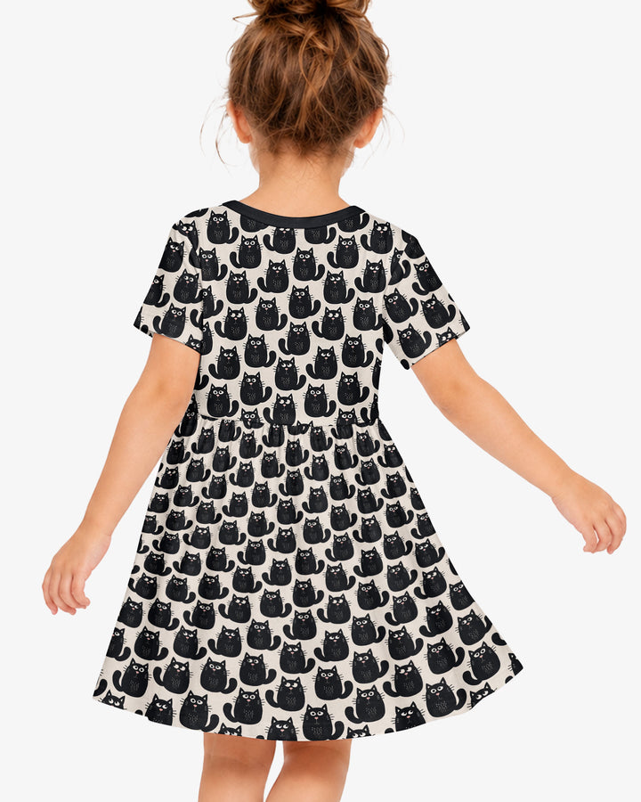 Moody Black Cats in Black and White Bamboo Twirl Dress