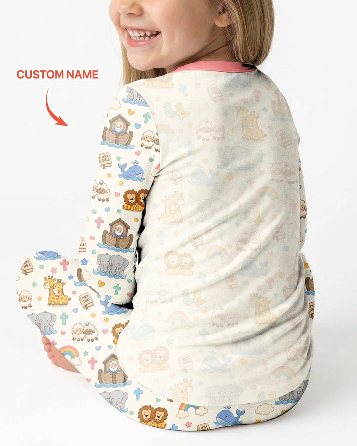 Custom Name Noah's Ark Jesus Loves Me Bamboo Two Piece Long Sleeve Pajama Set