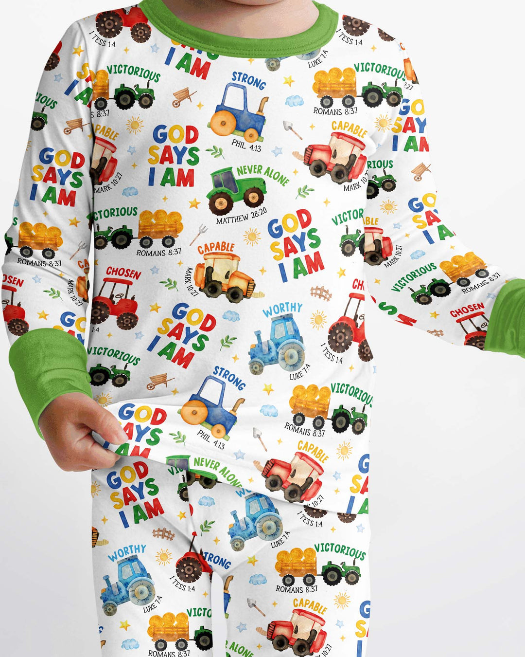 Farm Vehicles God Says I am Bamboo Two Piece Long Sleeve Pajama Set