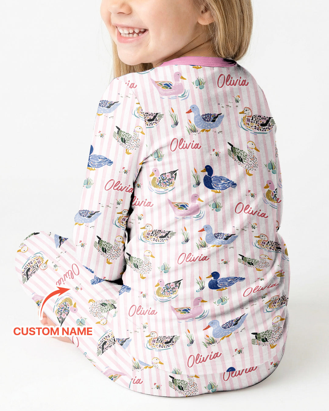 Whimsical Duck Custom Name Bamboo Two Piece Long Sleeve Pajama Set