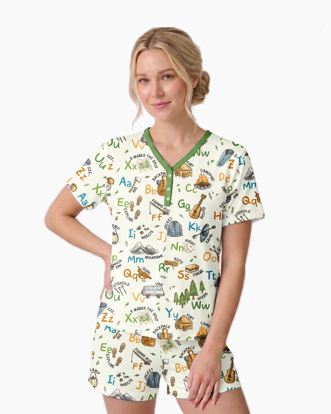 Adventure Alphabet ABCs Summer Camp Bamboo Women Short Sleeve Short Pajama Set