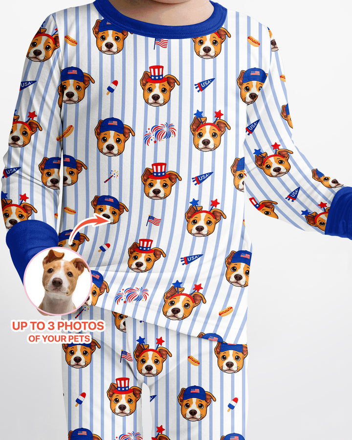 Custom Pet Image 4th of July Family Matching Bamboo Two Piece Long Sleeve Pajama Set