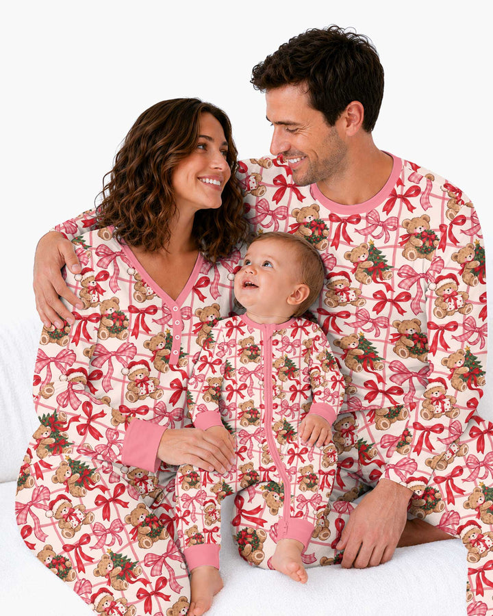 Pink Christmas Teddy Bear Plaid Mommy & Me Matching Bamboo Women Pajama Set