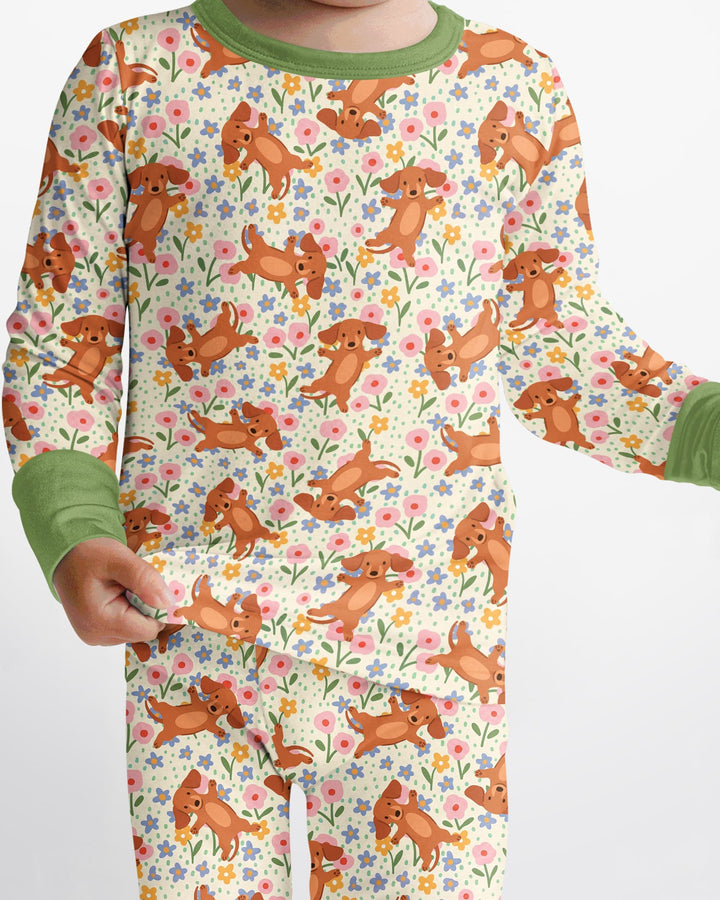 Dachshund Blooms Family Matching Bamboo Two Piece Long Sleeve Pajama Set