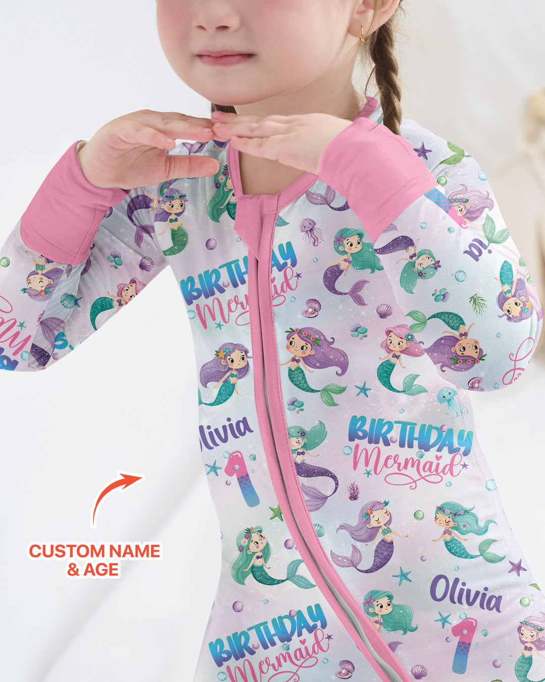 Custom Name and Age Birthday Mermaid Bamboo Convertible Zippy