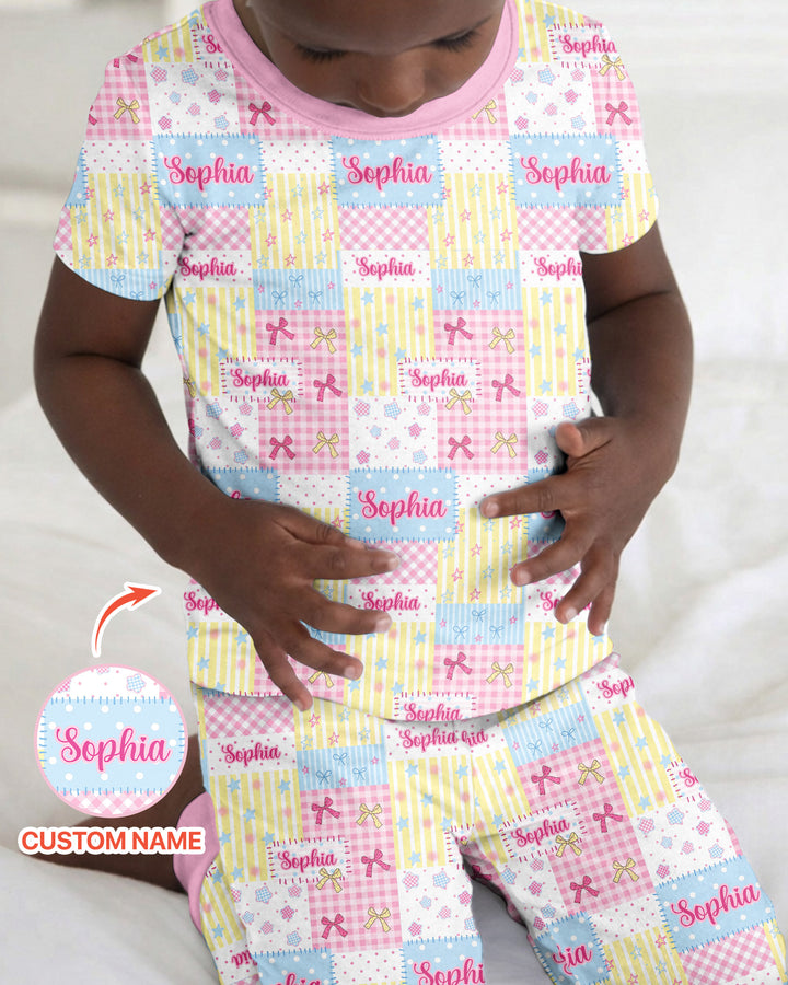 Custom Name Sweet Patchwork Bamboo Two Piece Short Sleeve Pajama Set