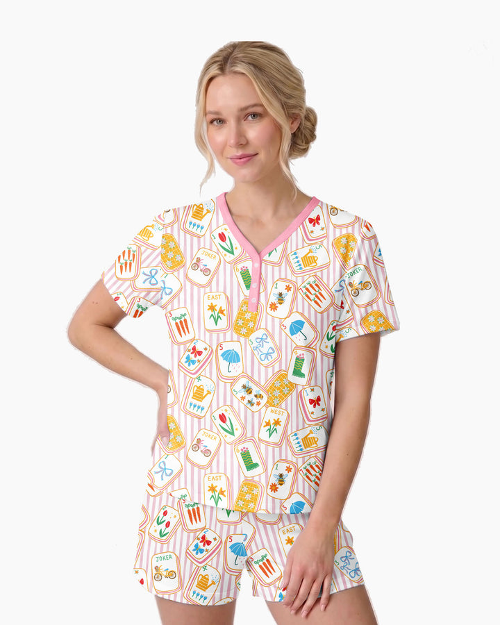 Mahjong Club Mommy & Me Matching Bamboo Women Short Sleeve Short Pajama Set