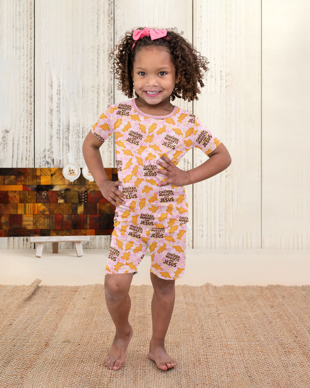 Chicken Nuggets and Jesus Family Matching Bamboo Two Piece Short Sleeve Shorts Pajama Set