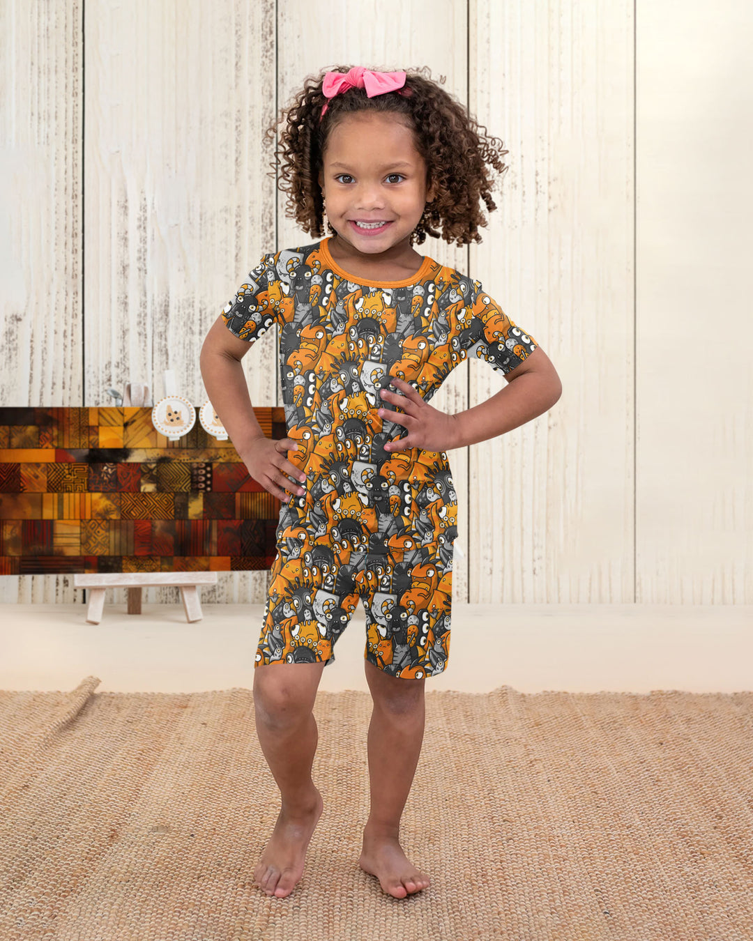 Colorful Doodle Monster Friends Bamboo Two Piece Short Sleeve Shorts Pajama Set