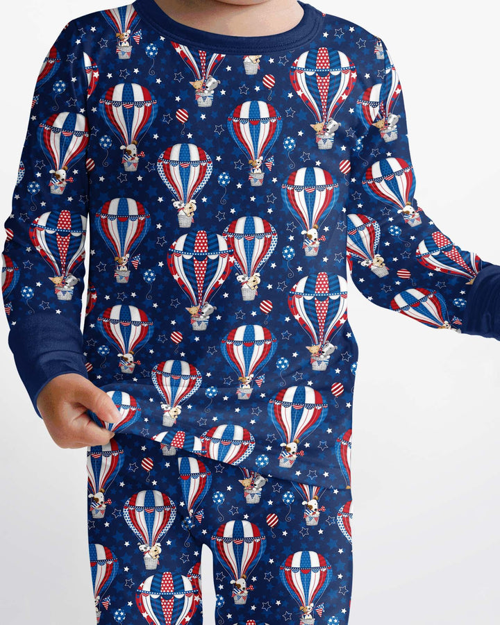 Patriotic Pups in Hot Air Balloons Family Matching Bamboo Two Piece Long Sleeve Pajama Set