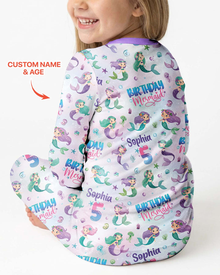 Custom Name and Age Birthday Mermaid Bamboo Two Piece Long Sleeve Pajama Set
