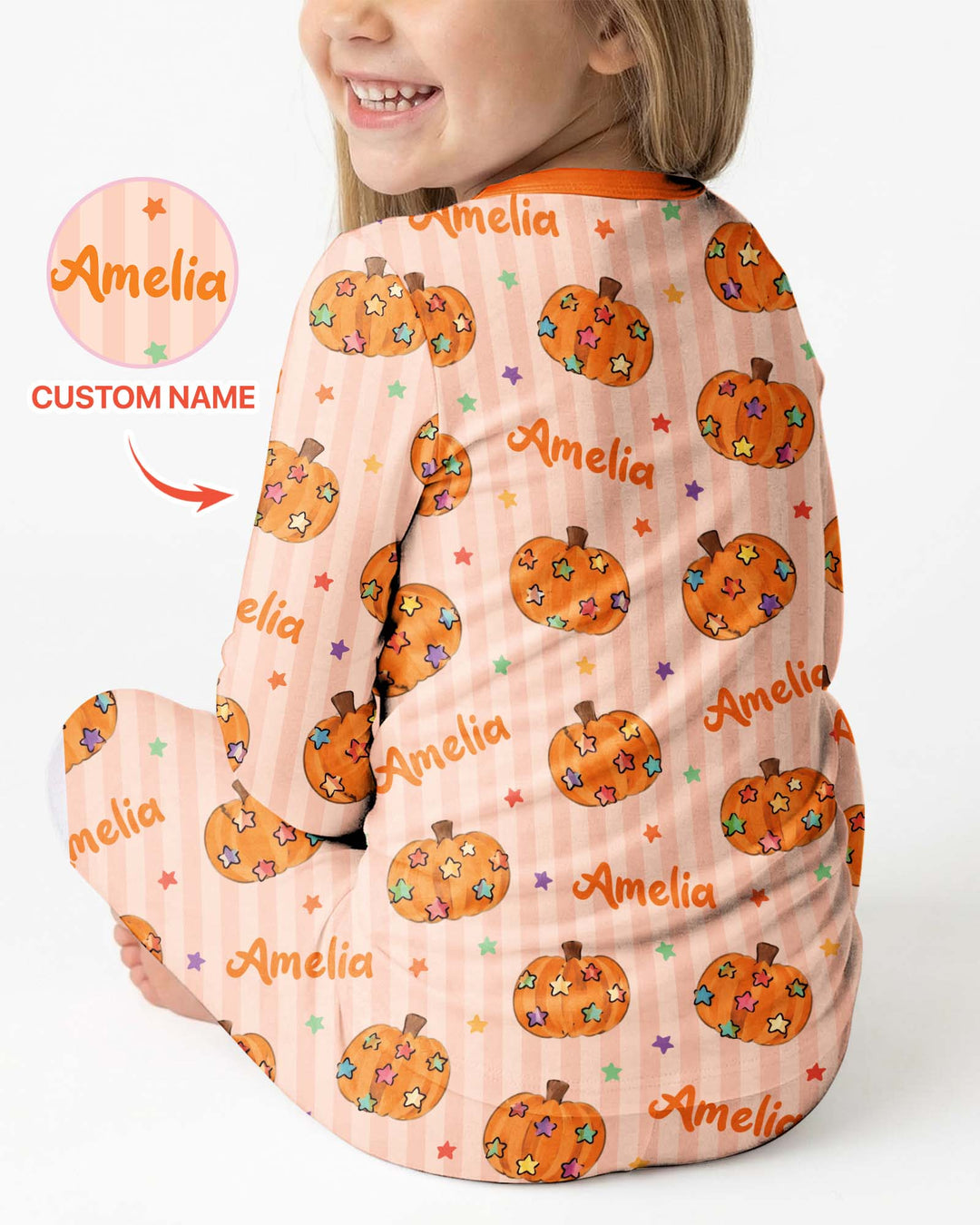 Colorful Star Pumpkin Custom Name Bamboo Two Piece Long Sleeve Pajama Set