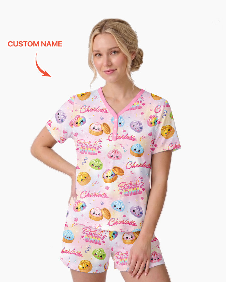 Birthday Girl Glitter Dumpling Bamboo Women Short Sleeve Short Pajama Set