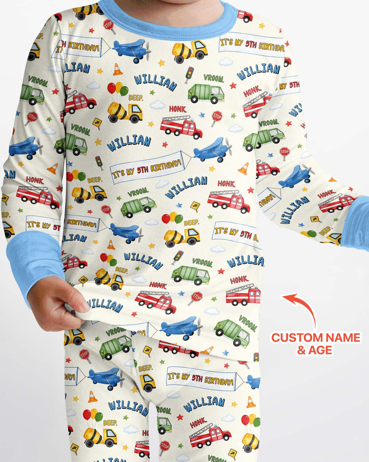 Personalized Transportation Birthday Bamboo Two Piece Long Sleeve Pajama Set