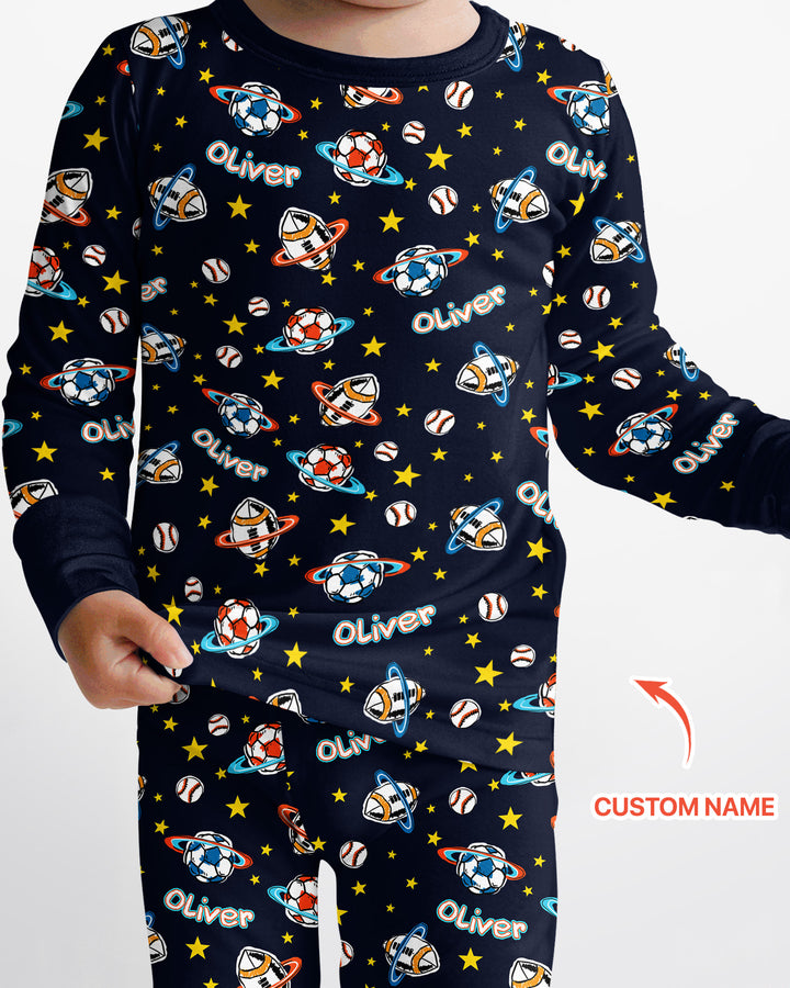Custom Name Space Sport Bamboo Two Piece Long Sleeve Pajama Set