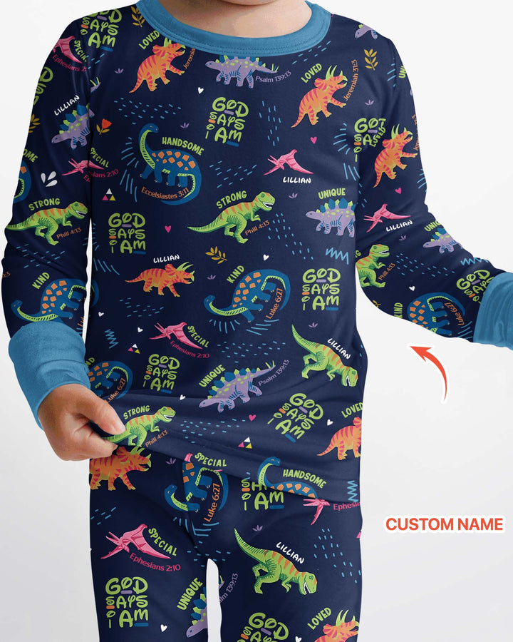 Custom Name God says I am Dinosaur Bamboo Two Piece Long Sleeve Pyjamas Set