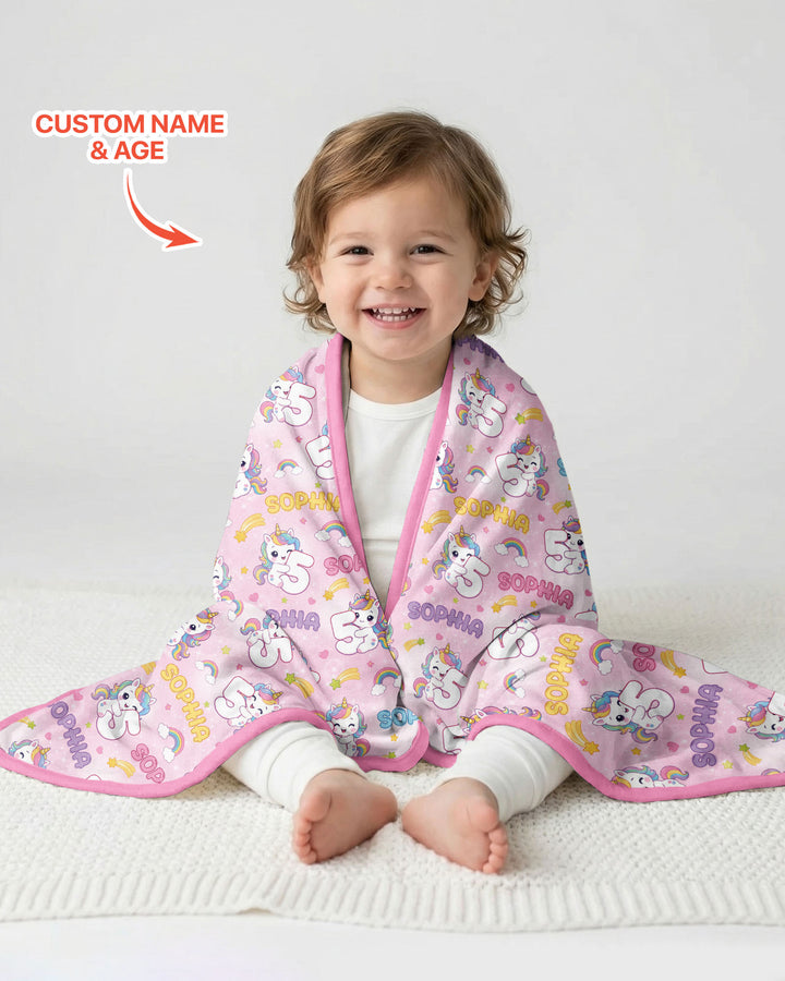 Custom Name Kawaii Unicorn Birthday Bamboo Blanket