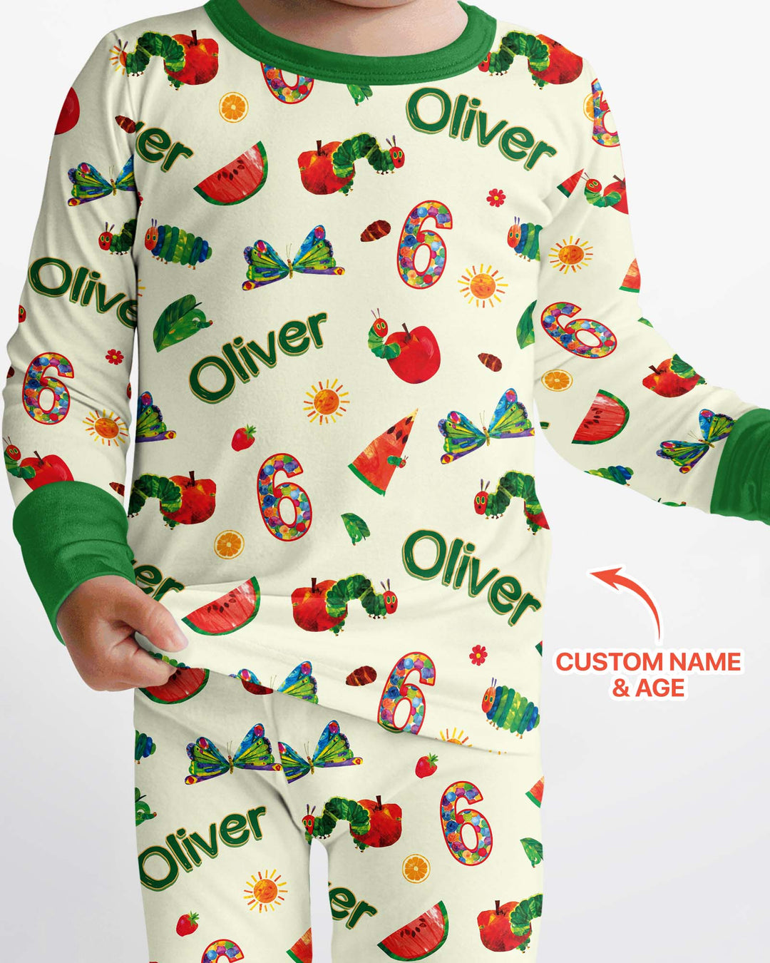Custom Name and Age Birthday Of Very Hungry Caterpillar Bamboo Two Piece Long Sleeve Pajama Set