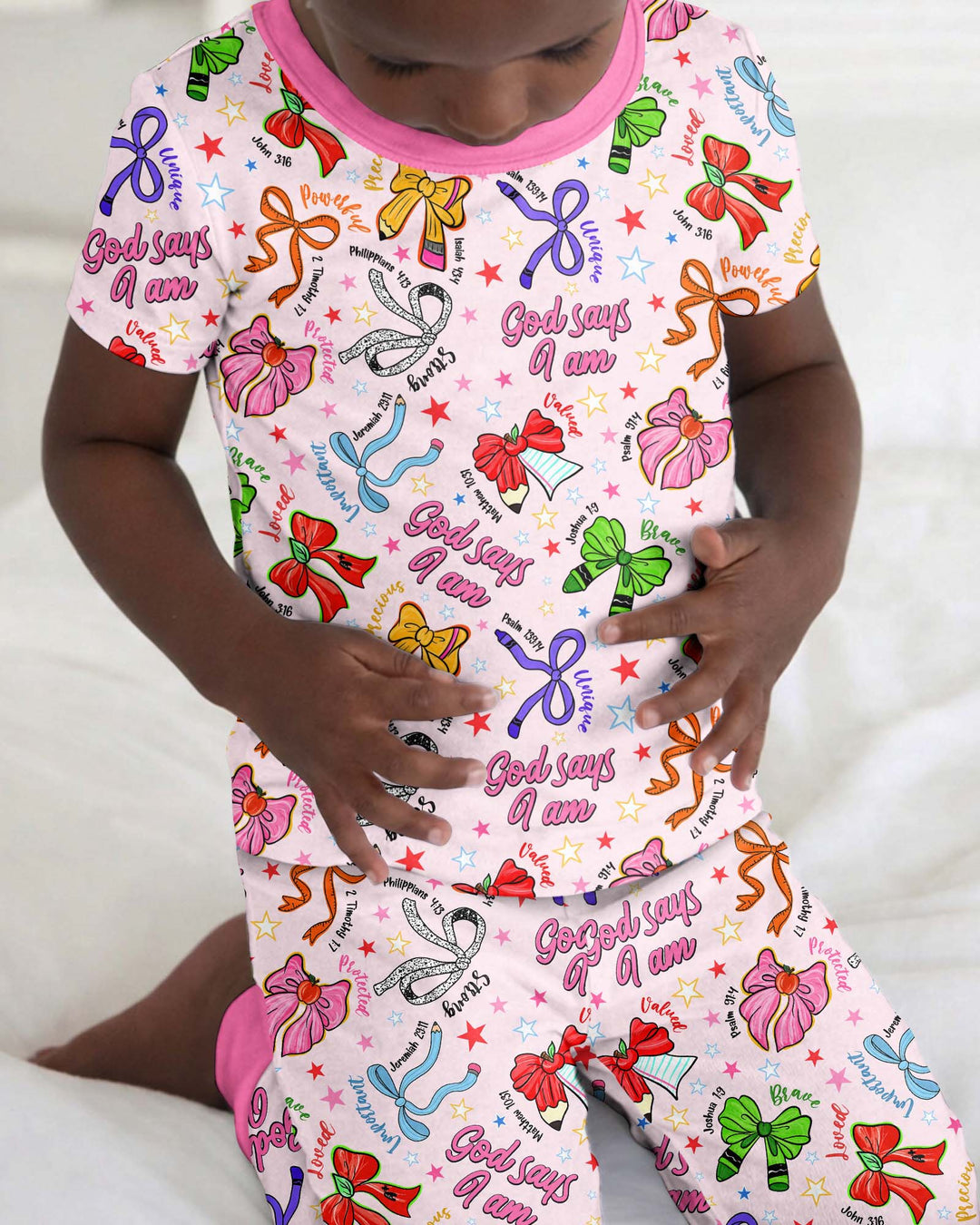Pencil Bows God Says I Am Bamboo Two Piece Short Sleeve Pajama Set