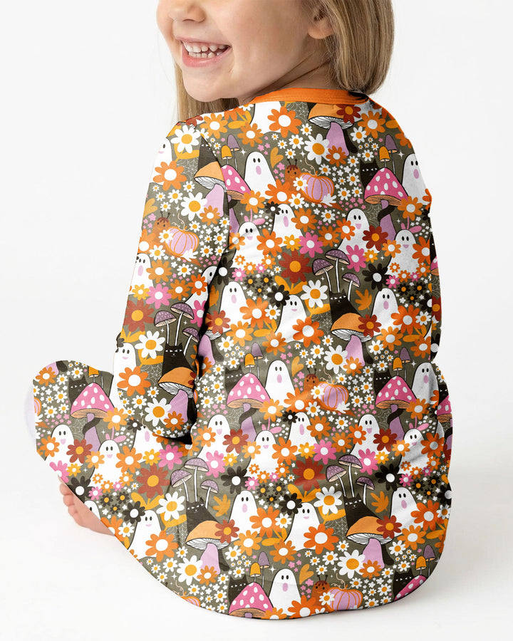 Retro Ghost Mushroom Floral Halloween Bamboo Two Piece Long Sleeve Pajama Set