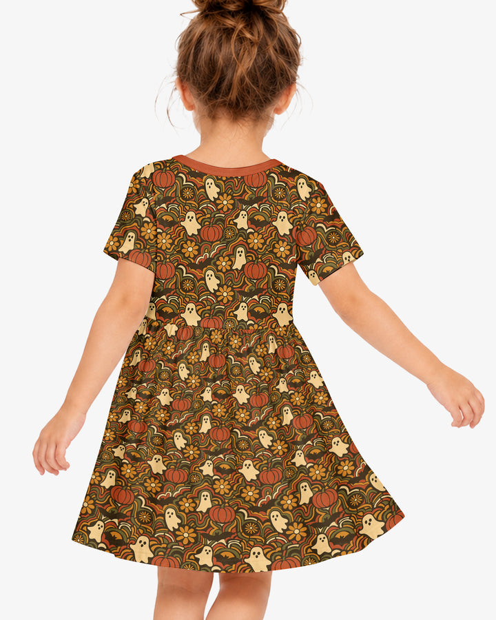 Retro Halloween Ghost Pumpkin Floral Bamboo Twirl Dress