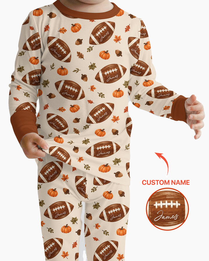Custom Name Football Season Happy Fall Bamboo Two Piece Long Sleeve Pajama Set