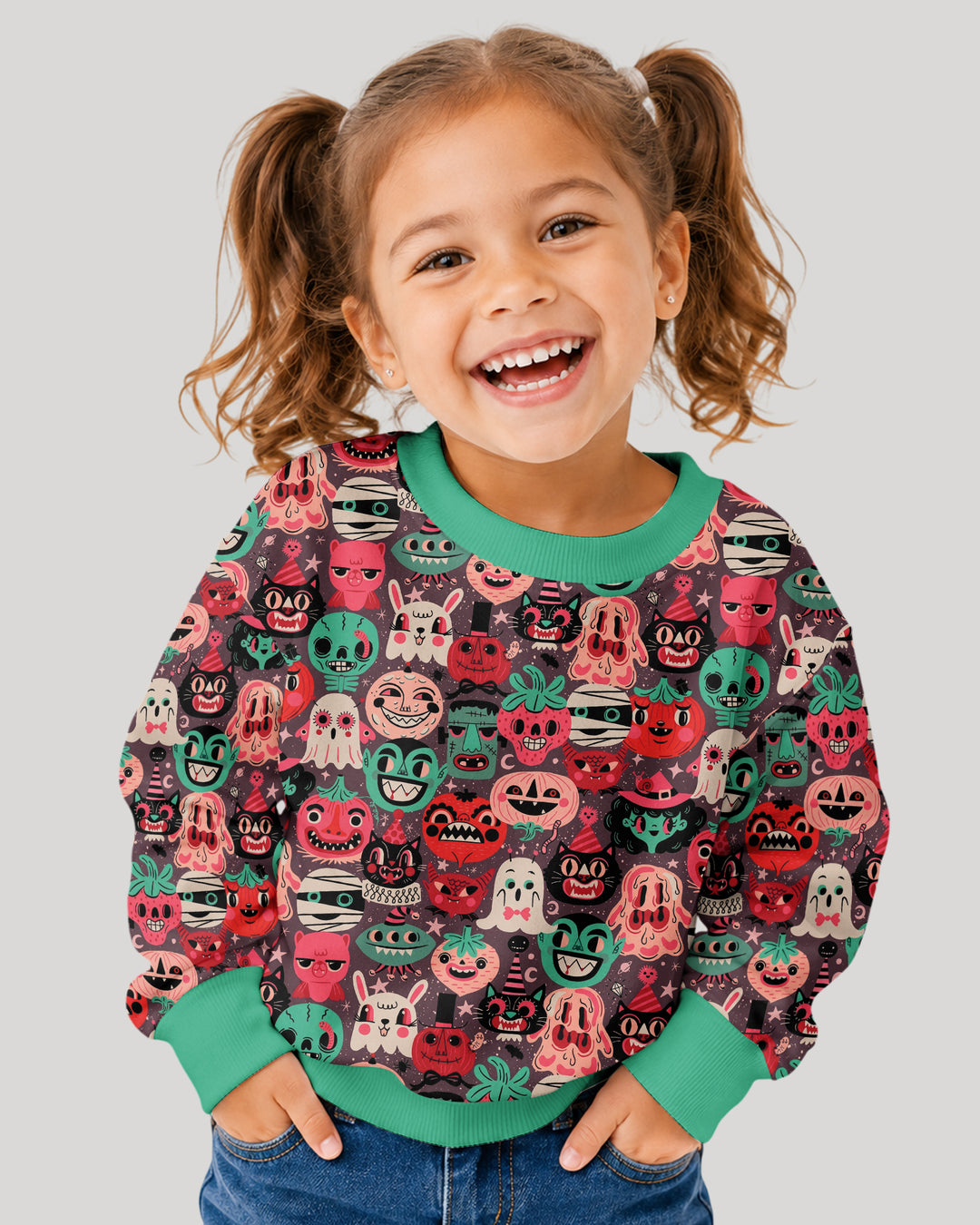 Retro Halloween Monsters Ghost Pumpkin Mummy Bamboo Crewneck Sweatshirt