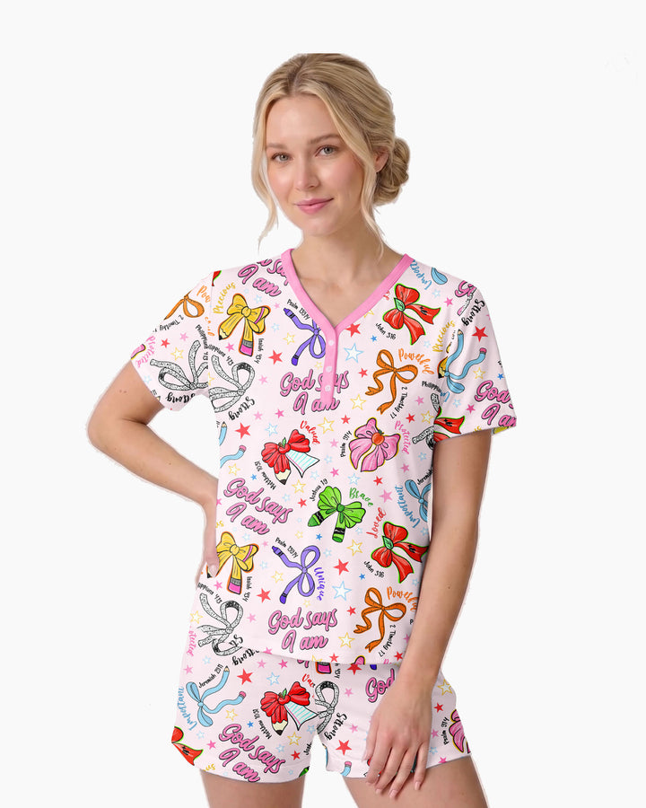 Pencil Bows God Says I Am Bamboo Women Short Sleeve Short Pajama Set